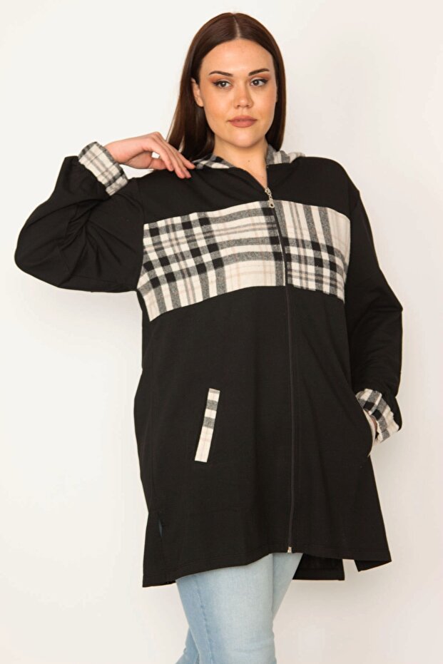 Women's Large Size Black Unlined Front Zippered Plaid Garnished Hooded Coat 65n31945