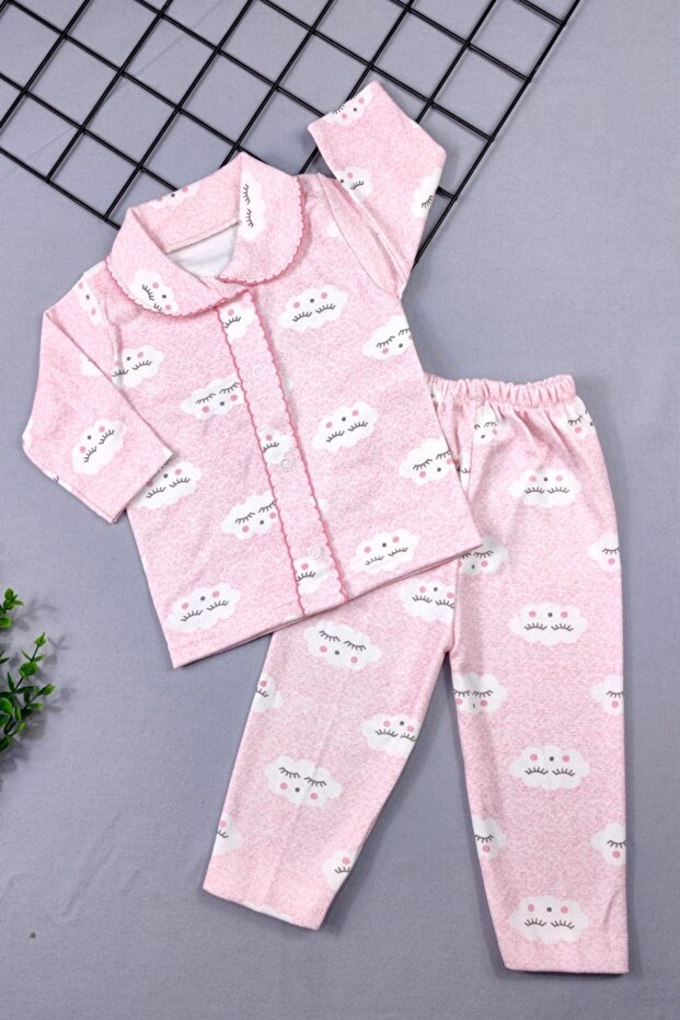 طقم علوي وسفلي للأطفال من القطن بياقة منقوشة على شكل سحابة - 1