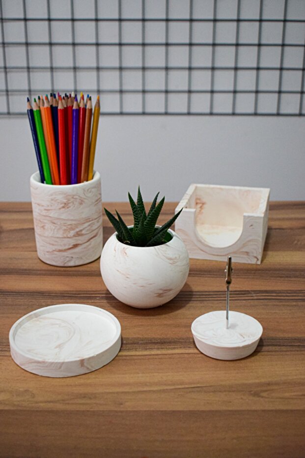 Marble Concrete Office Set Pen Holder Flower Pot Note Holder Coaster Holder Memo Pad Cactus