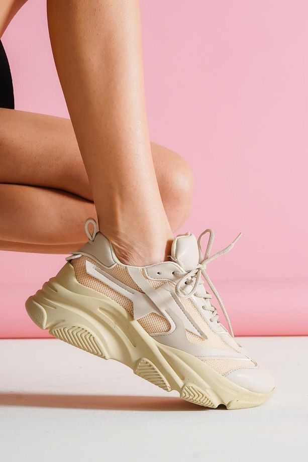 Kadın Bej Yüksek Tabanlı File Detaylı Sneaker Günlük Spor Ayakkabı Kecsp140 - 7