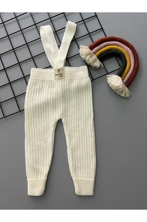Siyah/Ekru Ikili Set Yüksek Bel Önden Çapraz Askılı Fitilli Unisex Bebek Triko Tayt Pantolon - 3