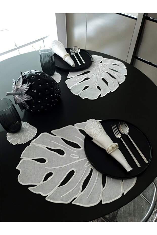 Imported Linen Fabric Leaf Pattern Embroidered 16 Piece Placemat Set for 4 People