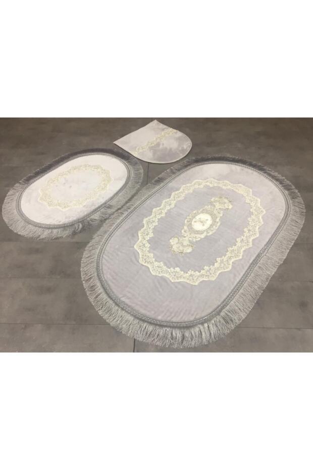 Exclusive Oval Gray Tufted 3-Piece Toilet Set Dowry Bathroom Rug Mat Set