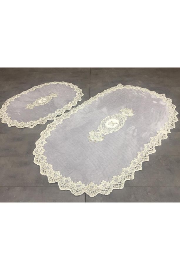 Gri Lisa 2li Oval Çeyizlik Fransız Dantelli Aplikli Klozet Takımı Banyo Paspas Seti - 1