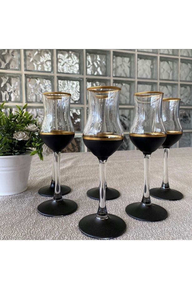 Grappa 6 Kişilik Siyah Kahve Yanı Cam Su Bardağı Seti, Çeyizlik Set, Şampanya Kadehi, Şarap Kadehi - 1