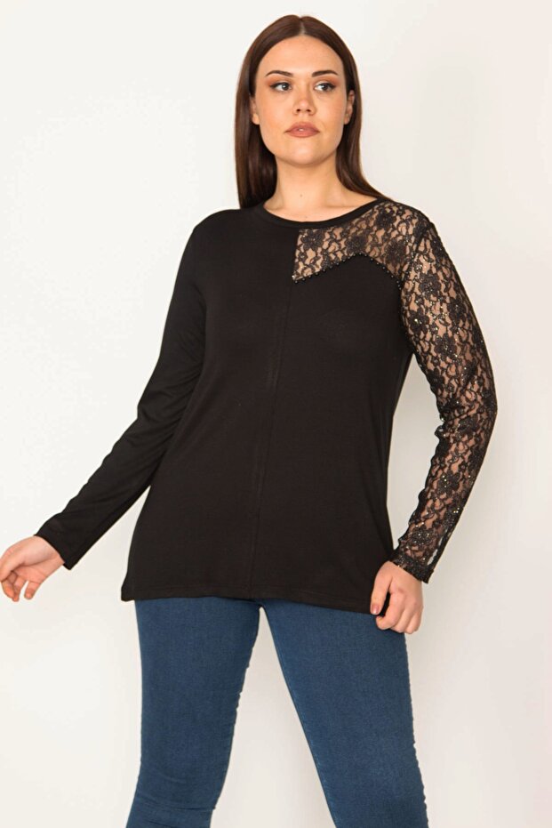 Women's Plus Size Black Lace Detailed Blouse 65n32080