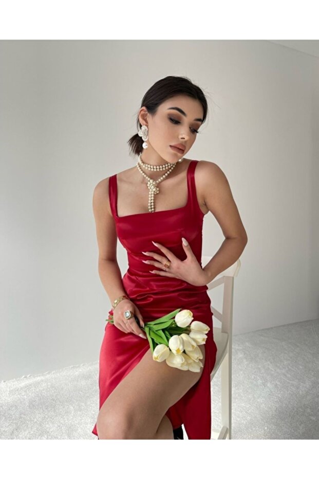 Red Thick Straps Satin Slit Dress