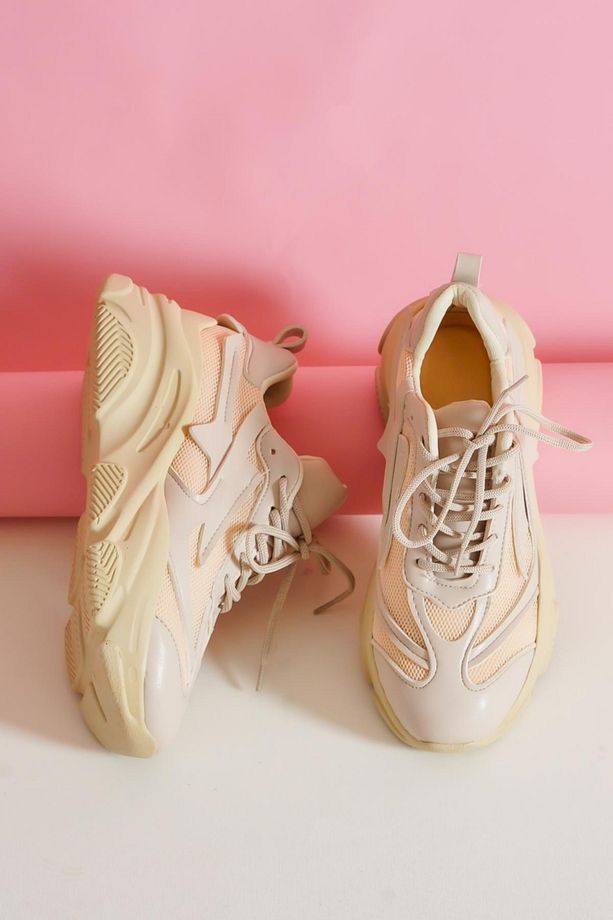 Kadın Bej Yüksek Tabanlı File Detaylı Sneaker Günlük Spor Ayakkabı Kecsp140 - 3