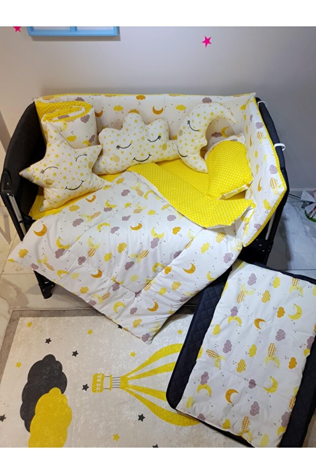 10 Piece Baby Sleeping Set for 70X110 Park Cribs - Yellow Crescent Star Pattern (Excluding the Crible)