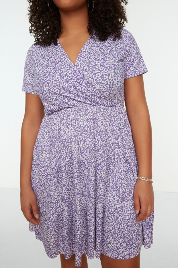 Люлякова плетена рокля с голям размер с флорален принт с V-образно деколте Tbbss22El1638 - 4