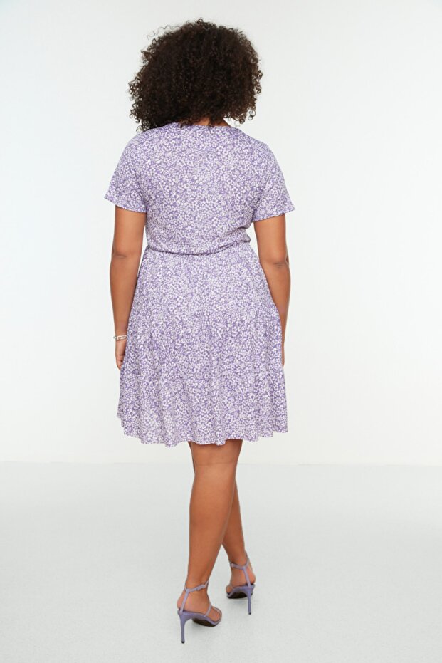 Люлякова плетена рокля с голям размер с флорален принт с V-образно деколте Tbbss22El1638 - 5