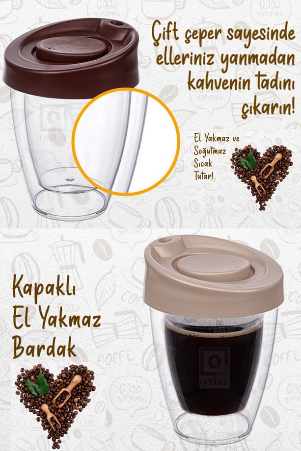 Çift Cidarlı Kapaklı El Yakmaz Bardak Termos Double Wall Espresso Coffe Latte - 3