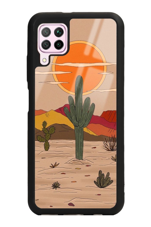 Huawei P40 Lite Glossy Phone Case with Retro Cactus Sun Design