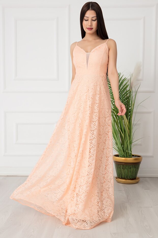 Dantel Ip Askılı Uzun Abiye Elbise 13337 - 3