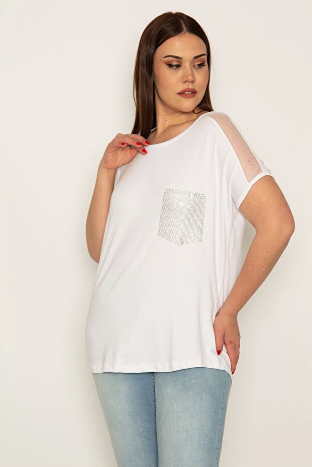 Women's Plus Size Bone Shoulders Tulle and Peto Pocket Stone Detailed Viscose Blouse 65n31855