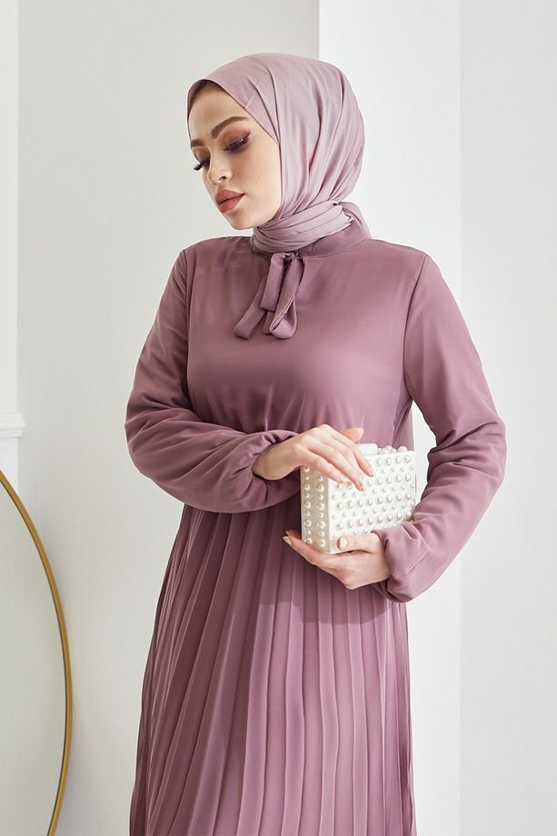 Piliseli Limelda Şifon Tesettür Elbise - Gül Kurusu - 3