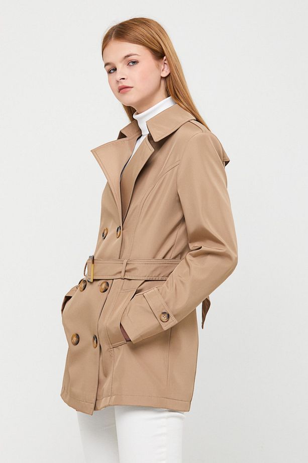 Ekose Astar Detaylı Kısa Trençkot Camel - 5