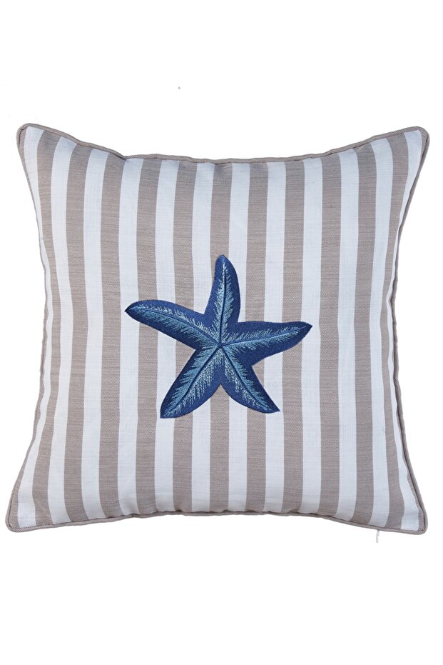 Embroidered Throw Pillow Cover with Piping Star (beige X Ecru Striped / Navy Blue Embroidery)