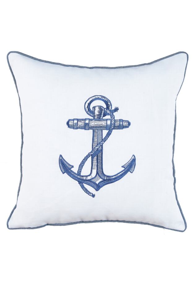 Embroidered Throw Pillow Cover Bias Anchor ( Ecru / Navy Blue Embroidery )