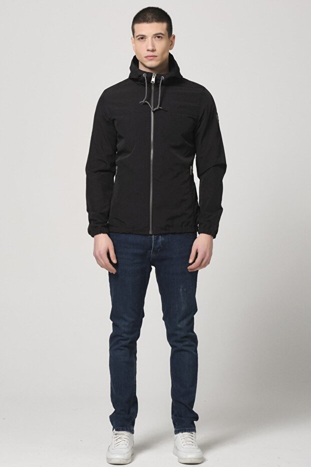 Men's Black Hooded Raincoat with Elastic Sleeves and Hem Glenn Men's Raincoat