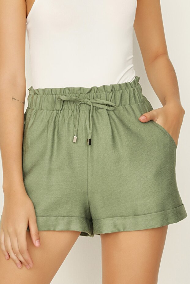 Kadın Haki Beli Lastikli Paçası Katlamalı Mini Şort - 4