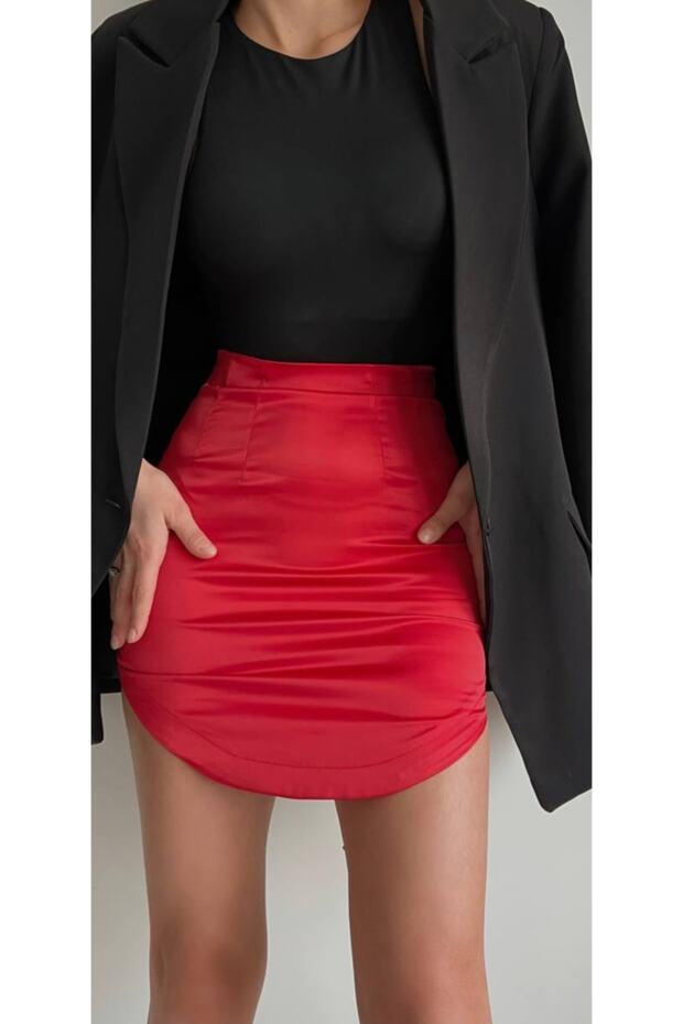 Fusta mini din satin rosu - 5