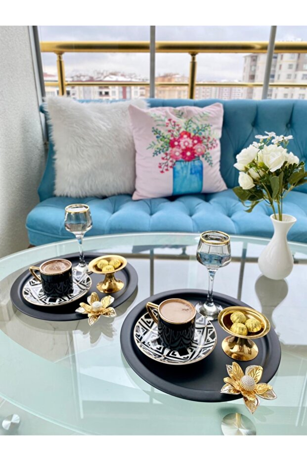 2 Pack Lily Flower Round Black Presentation Tray, Decorative Serving Tray, Tea, Cake, Coffee 24 Cm