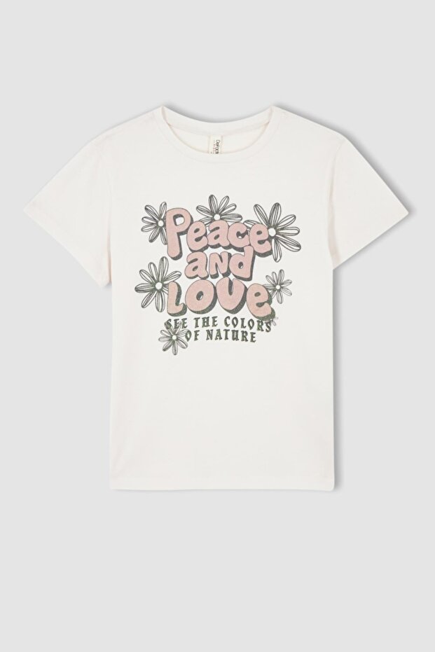 Girl's Regular Fit Slogan Printed Short Sleeve Cotton T-Shirt