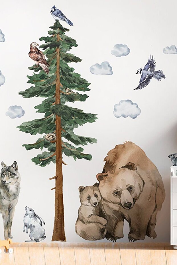 Kids Room Wall Sticker Set Bear Wolf Trees Themed