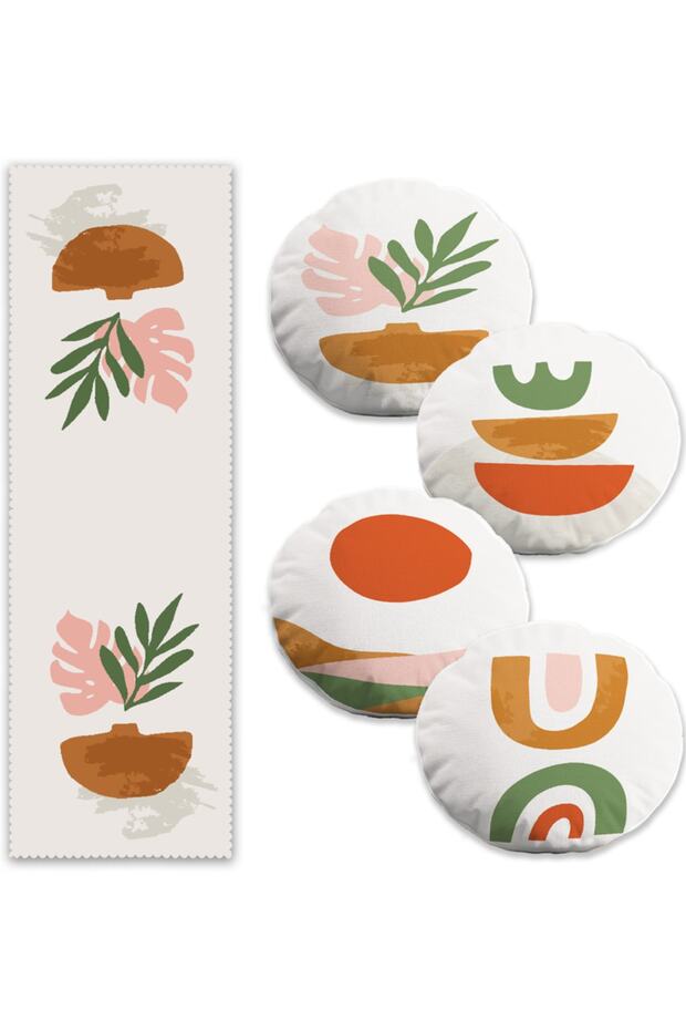 Abstract Color Themed Set of 4 Round Cushion Covers and 1 Runner