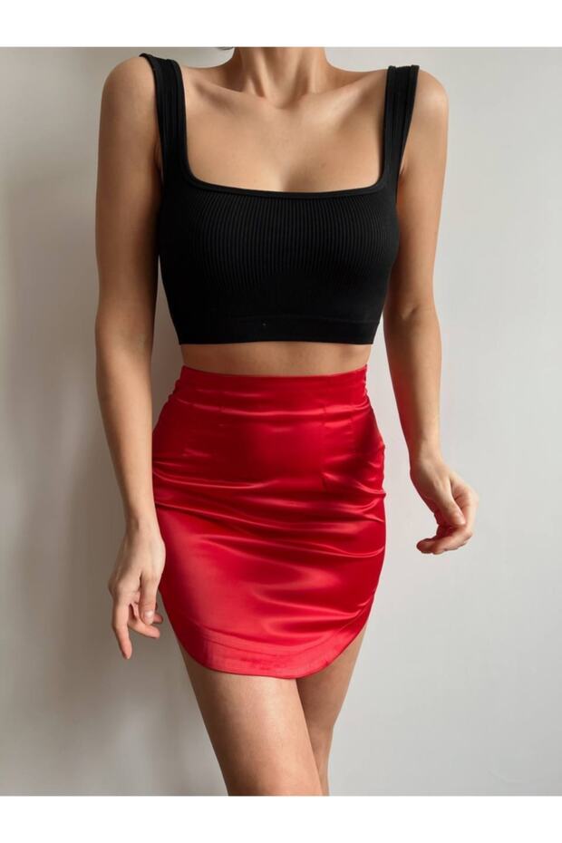 Fusta mini din satin rosu - 1