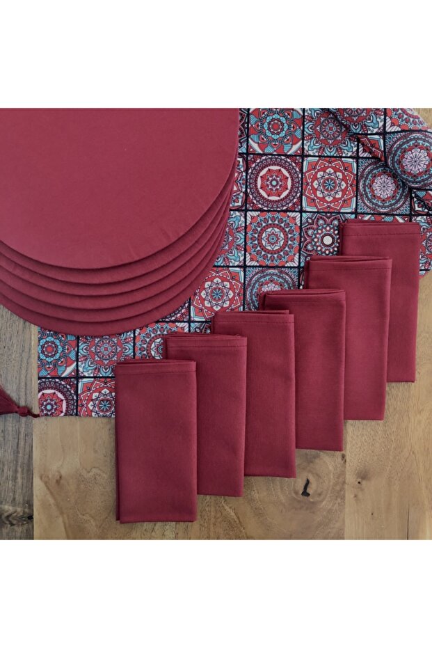American Service, Burgundy Ceramic 6 Plates, 6 Napkins and Runner, Christmas Table, Christmas