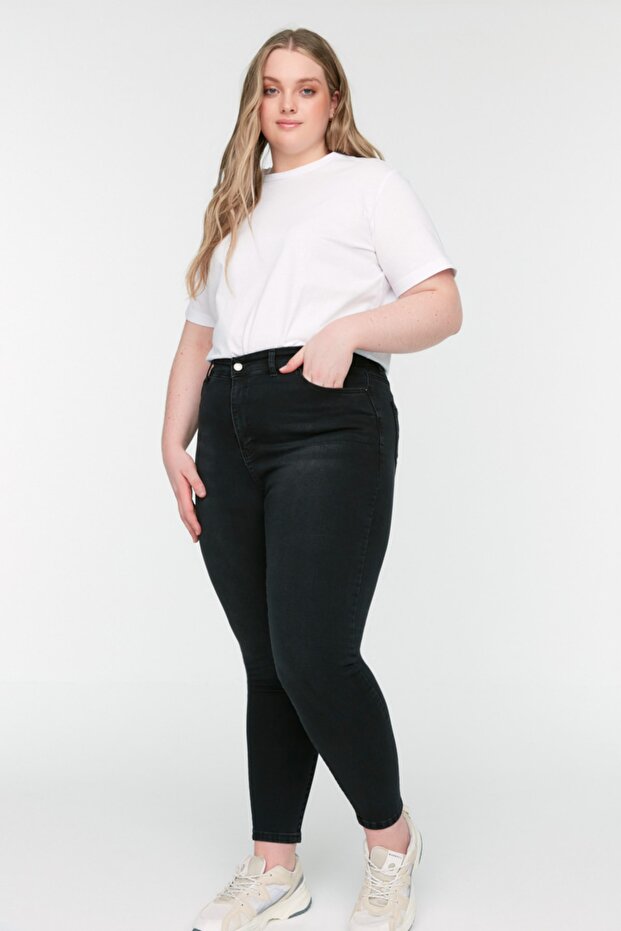 Siyah Yüksek Bel Esnek Büyük Beden Skinny Jeans TBBSS22JE0070 - 2