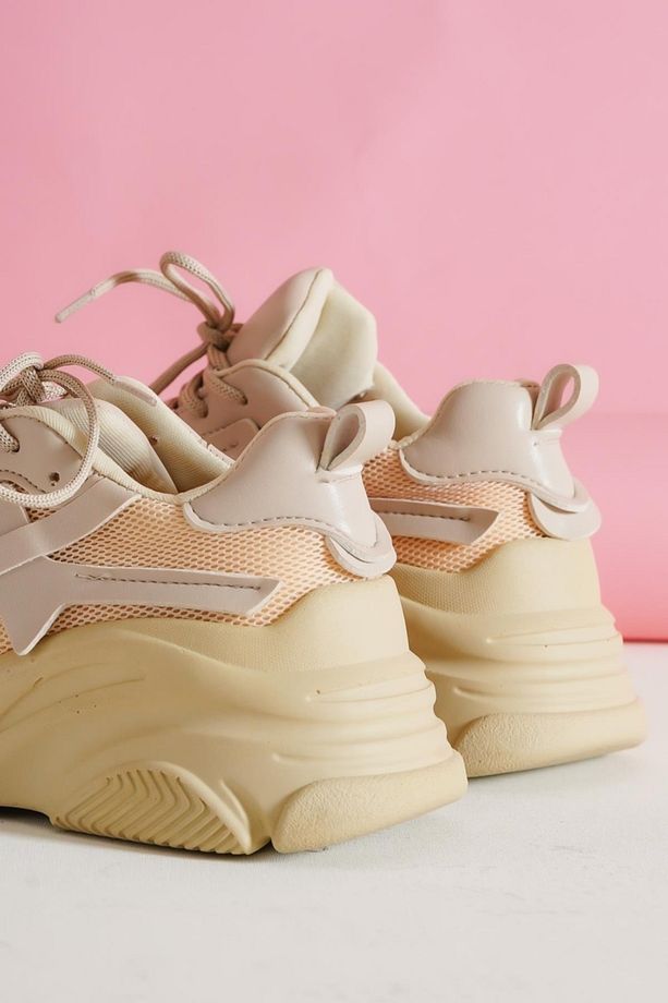 Kadın Bej Yüksek Tabanlı File Detaylı Sneaker Günlük Spor Ayakkabı Kecsp140 - 4