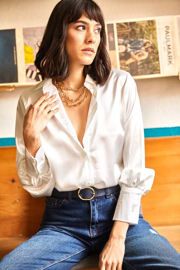 Ecrufarbenes Hemd aus gewebtem Satin mit Manschettendetails für Damen GML-19000984 - 4