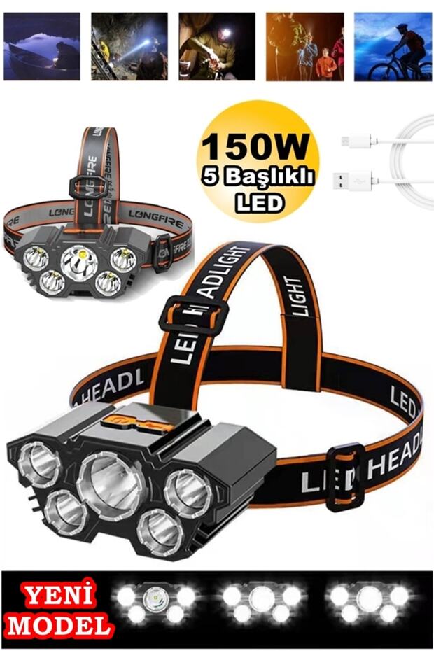 Taka Riko 150w Ultra Güçlü Led Şarjlı 5 Led 5 Cree Led Kafa Feneri Avcı Işıldak Balıkçı Kamp Lambası - 1