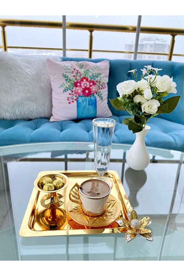 Luxury Lily Gold Flower Stainless Steel Square Titanium Coated Coffee, Tea, Decorative Presentation Tray
