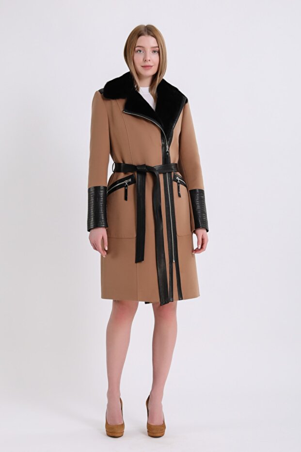 Leather Garnished Cashmere Coat with Cream Mink Accessories