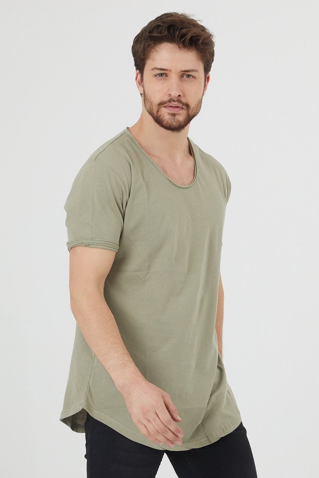 Men's Light Khaki Oval Hem Wide Collar 100% Cotton Short Sleeve T-Shirt