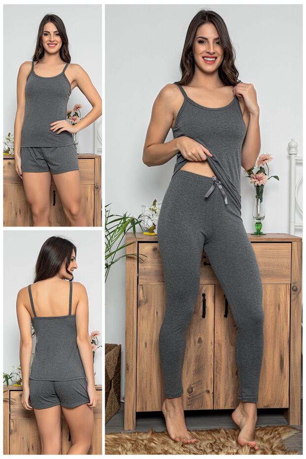 Kadın Antrasit Renkli Şortlu Ve Taytlı Pijama Takımı 3lü Set 75010 - 1