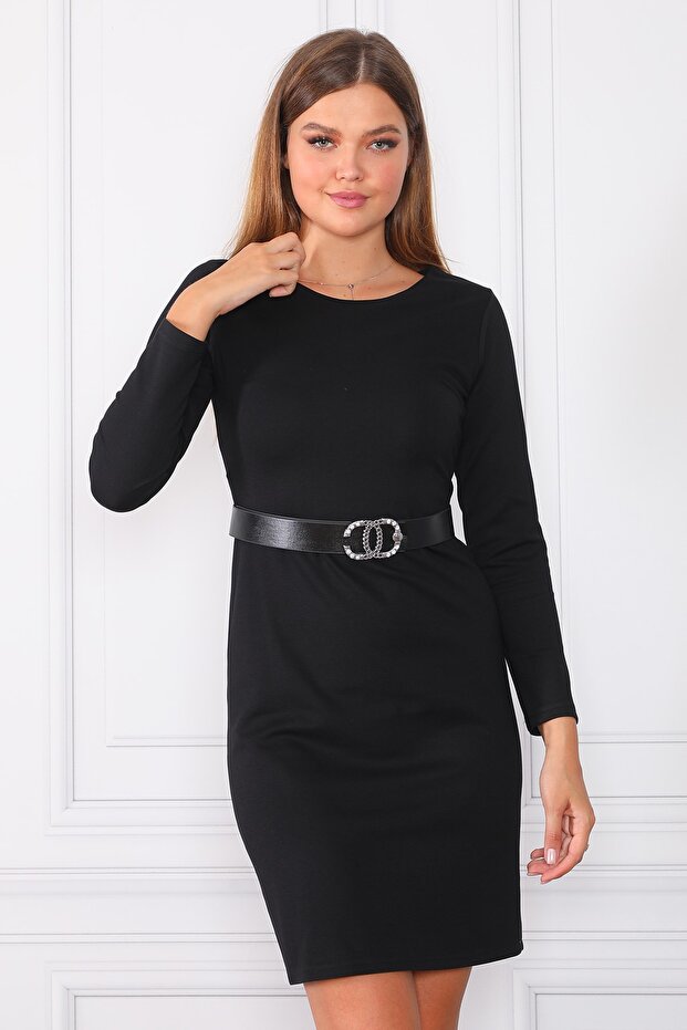 Women's Black Simple and Belt Detailed Classic Dress Es261