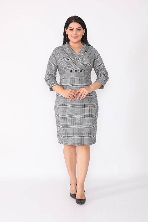 Women's Gray Plaid and Collar Button Detailed Dress