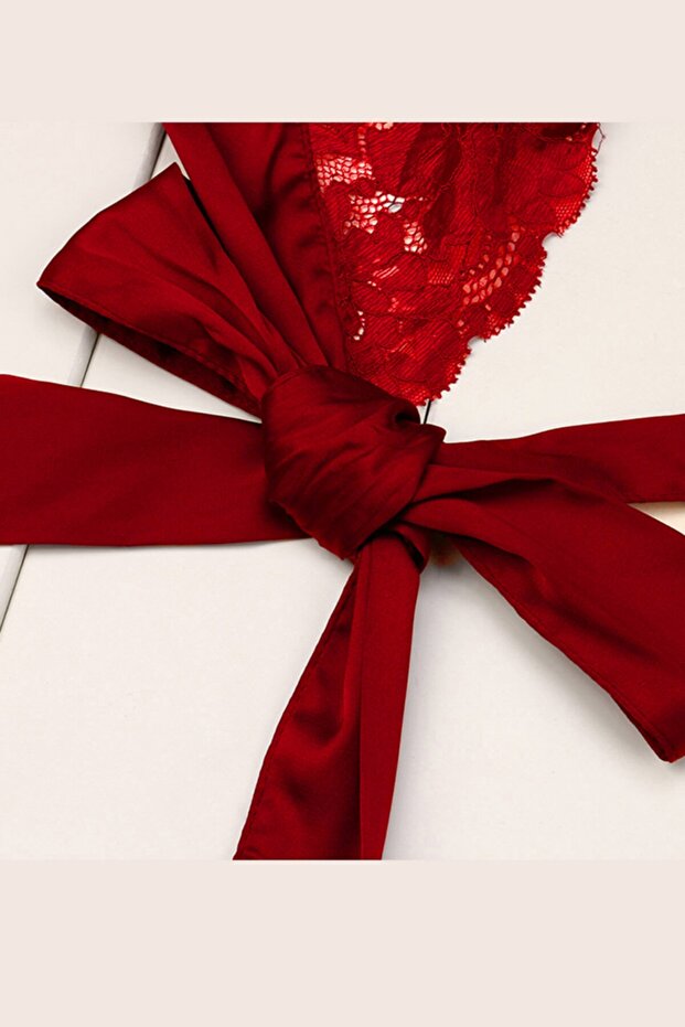 Kadın Kırmızı Dantelli Kurdelalı Sütyen Külot Takımı - 4