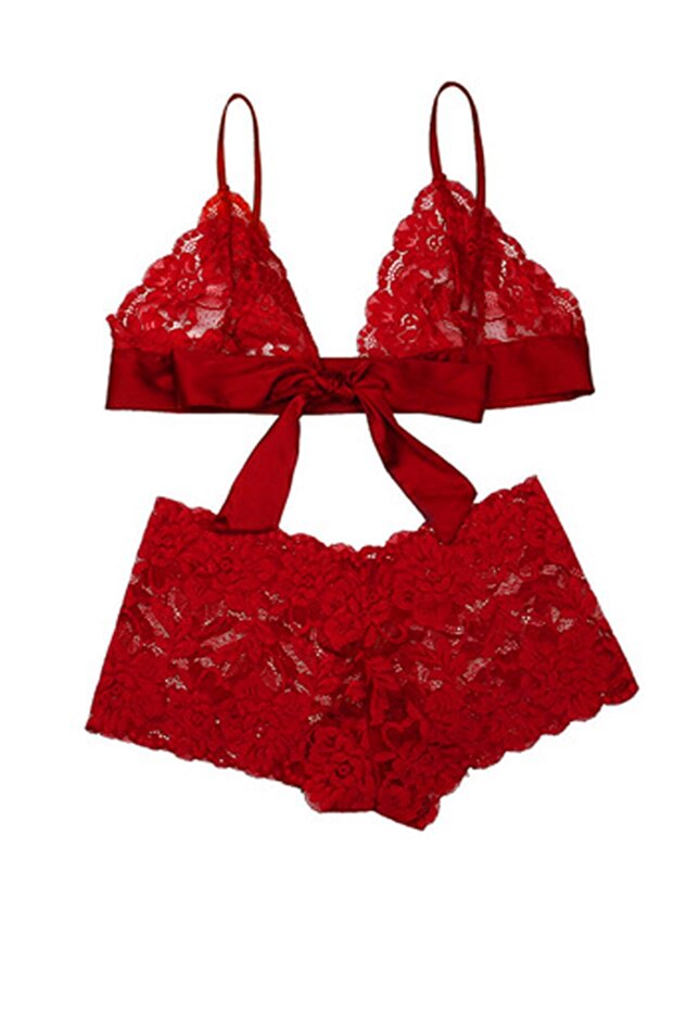 Kadın Kırmızı Dantelli Kurdelalı Sütyen Külot Takımı - 6