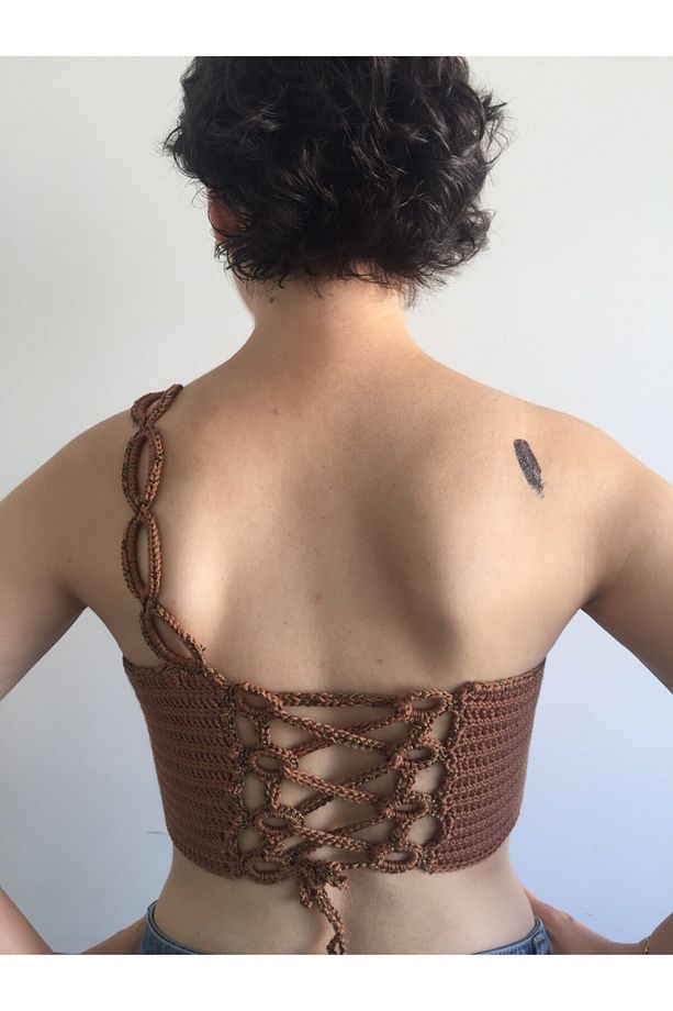 Kadın Hardal El Örgüsü Özel Tasarım Halkalı Tek Omuz Bikini Üstü Büstiyer - 2