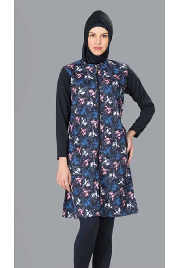 3065 ملابس السباحة الحجاب منقوشة باللون الأزرق الداكن - 1