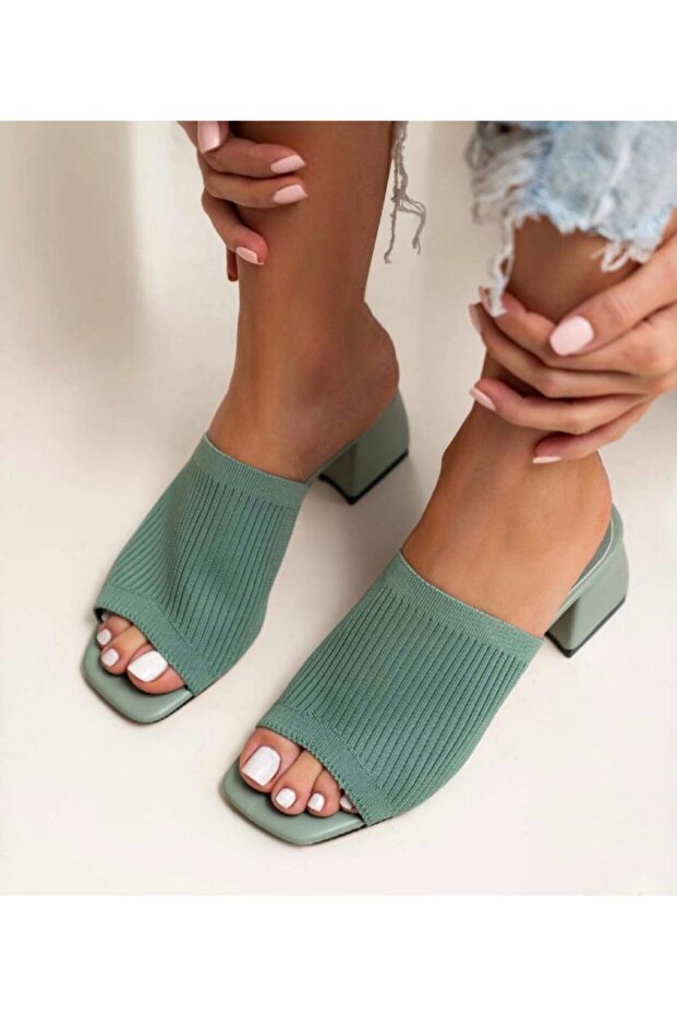 Women's Green Heeled Knitwear Slippers