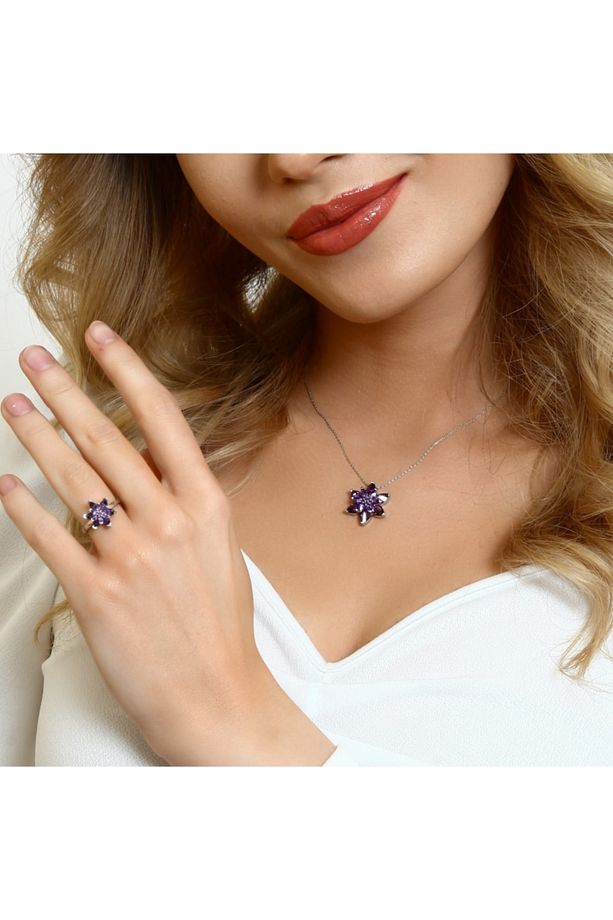 Lotus Çiçeği Kolye Ve Yüzük Seti & Işıklı Set Kutusu | 925 Ayar Gümüş Set - 2
