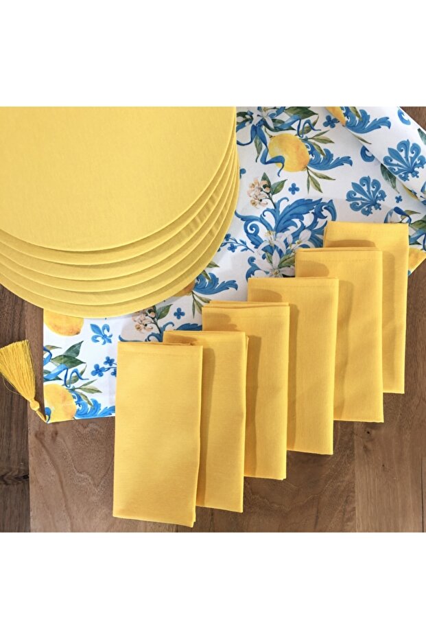American Serving, Lemon Flower 6 Plates, 6 Napkins And Runner