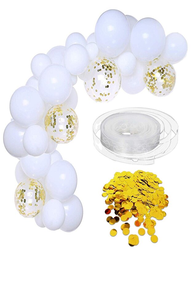 Matte White Balloon Chain Set 40 White Balloons + 5 Transparent Balloons with Gold Confetti and Chain Apparatus